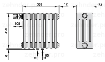 Схема (чертеж) Радиатор Zehnder Charleston 5045/8 №V007 Белый глянцевый RAL 9016